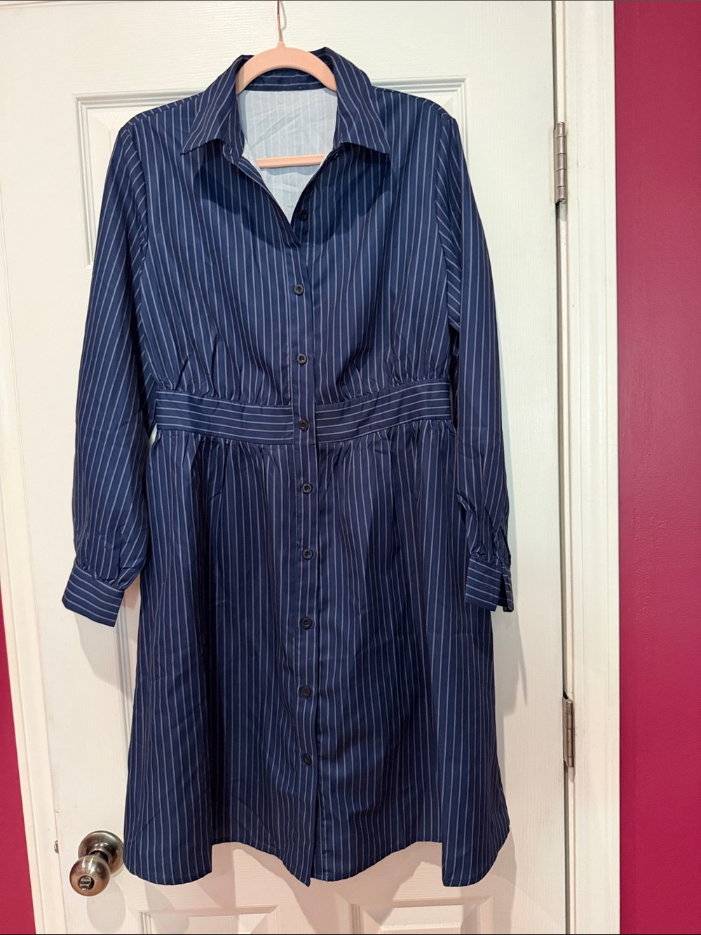 Classic Navy Pinstripe Button-Front Midi Dress